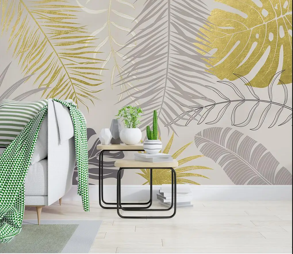 

Custom mural Nordic minimalist creative hand-painted golden leaves small fresh bedroom background wall 3d wallpaper