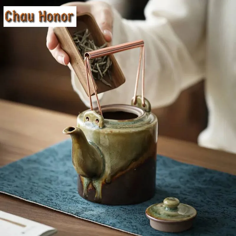 400ML Retro Wood-fired Loop-handled Teapot Handmade Single Pot with Filter Japanese Retro Kiln Change Household Kung Fu Teaware