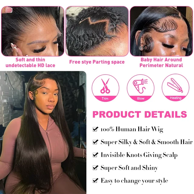 30 36 Inch Straight 13x4 Lace Front Human Hair 250% Glueless 5x5 Closure Wigs Brazilian Bone Straight 13x6 HD Lace Frontal Wig 4