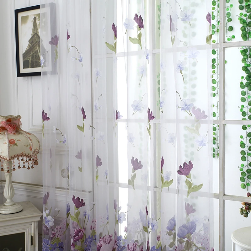Sheer Window Curtains Peony Flower Printed Polyester Tulle 1Pc