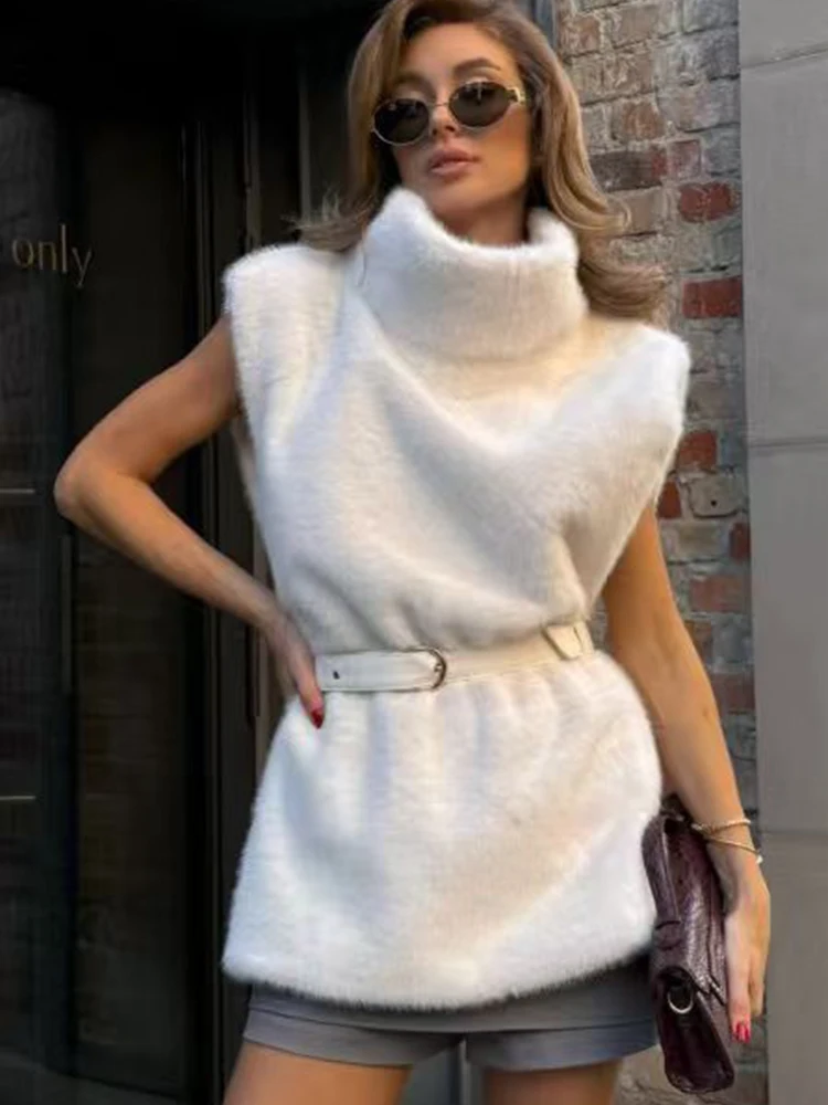 Women Autumn Winter Fashion Faux Fur Vest Coat Female Chic Belt Sleeveless Short Jacket Warm Casual Waistcoat Tops ﻿
