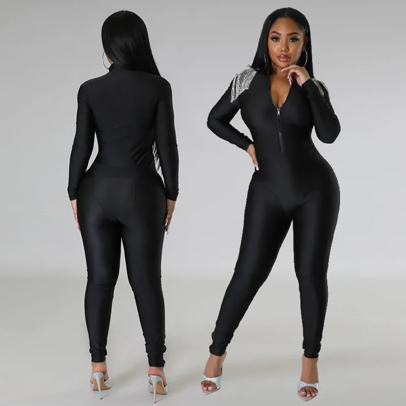 BKLD Fashion Summer Outfits  One Pieces Pants Chain Tassel Solid Color Black Slim Fitting Long Sleeve Zipper Jumpsuit For Women