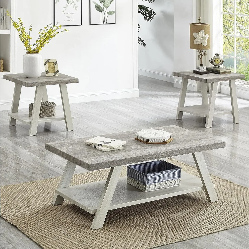 Athens Modern 3-piece wooden coffee table set, 24D x 48W x 19H in, gray and beige 3