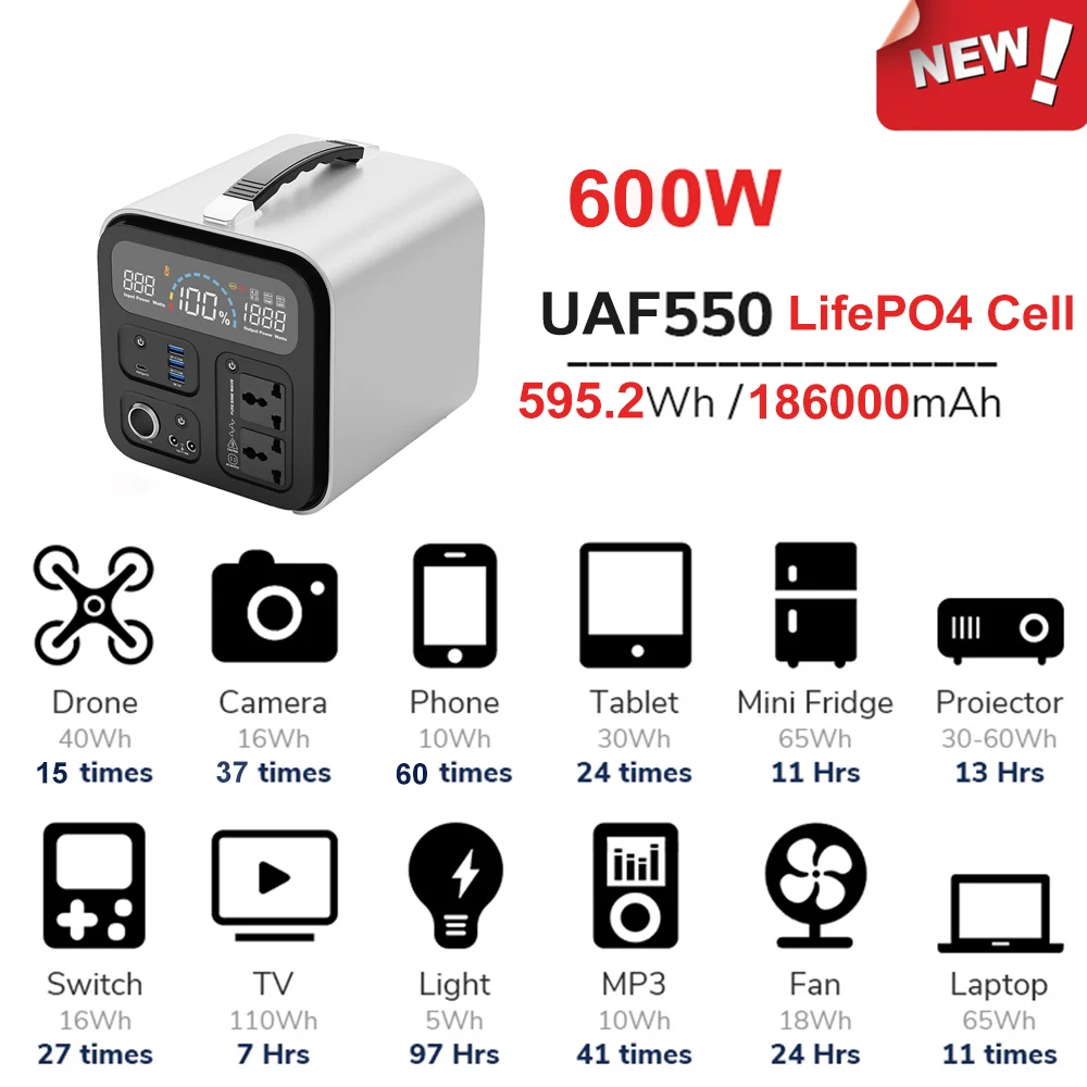 600W Camping Portable Power Station 595Wh Large Capacity Power Outage  Emergency Backup Battery 186000mAh 220v 110V Power Bank - AliExpress