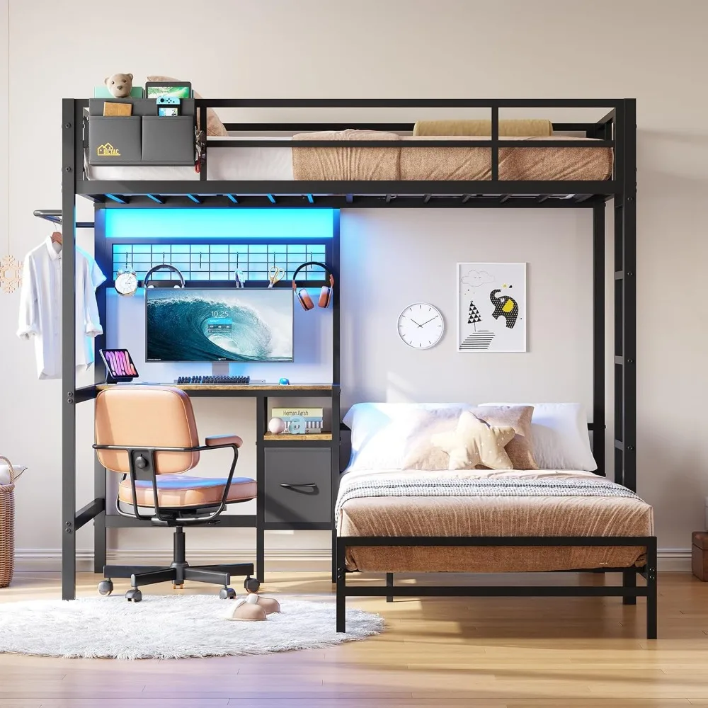 Bunk Bed Twin Over Twin W Desk, Led Lights & Storage Shelves and Drawers, Safety Guardrail and Ladder, L-Shaped Children Bed 6