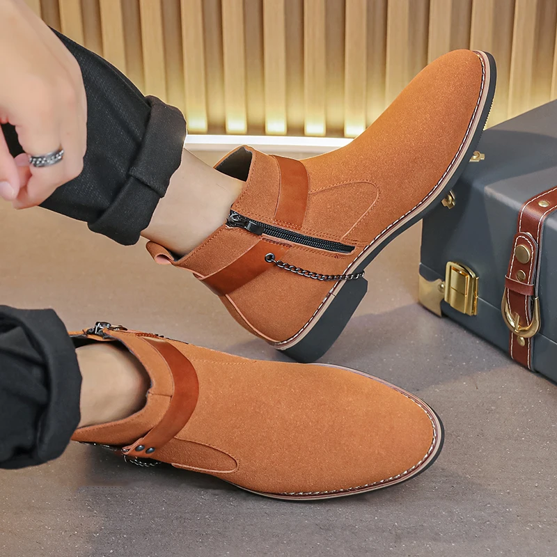 Men's Retro Classical Chelsea Boots Suede Leather Men Fashion Side Zipper Ankle Boots Casual Short Boots Handmade High-Top Shoes