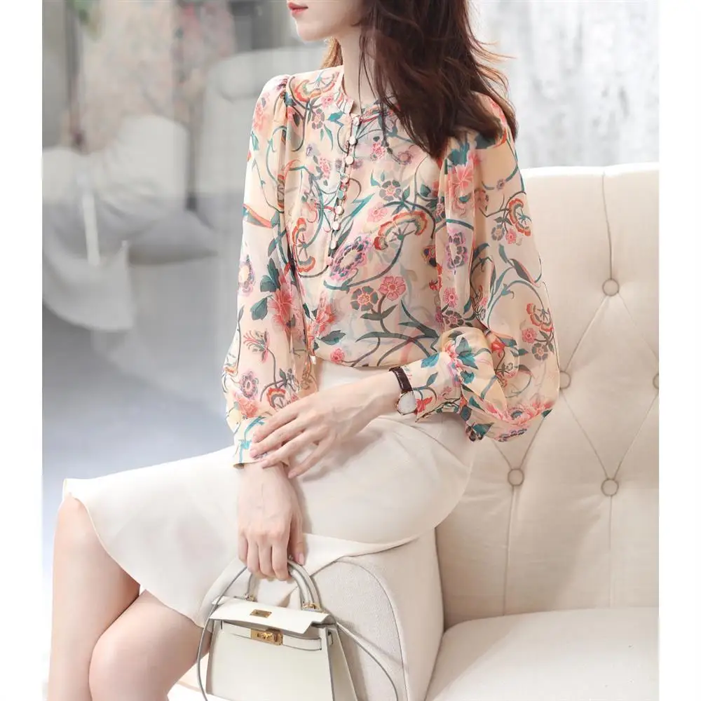 Chiffon Plus Size Thin Round Neck Lantern Sleeve Korean Commute Floral Printing Spring Summer Imitation Silk Shirt Button 3XL