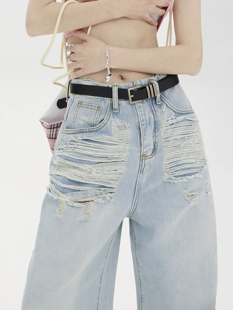 Ripped Holes Jeans Women Mid Waist Loose Casual Pocket Light Blue Denim Pants Korean Fashoin Streetwear Trousers Baggy Pants