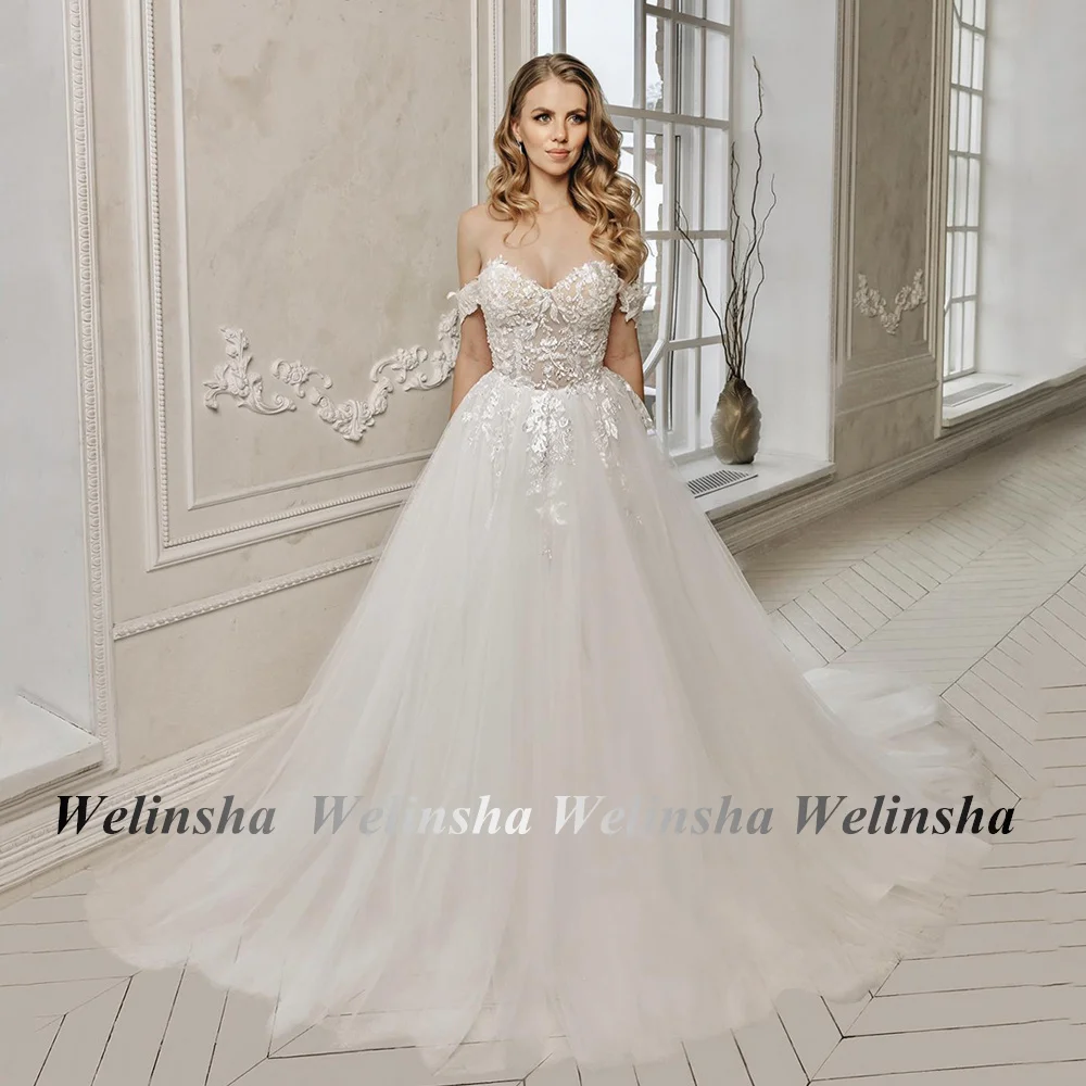 

Romantic Princess Wedding Dress Off The Shoulder Sweetheart Illusion Lace Applique Backless Bridal Gown Robe De Mariee