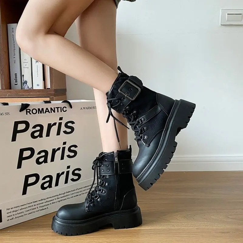 New Black Chunky Heel Platform Punk Outdoor Women's Hot Girl Knight Western Cowboy Boot English Style Fashion Comfort Ankle Boot