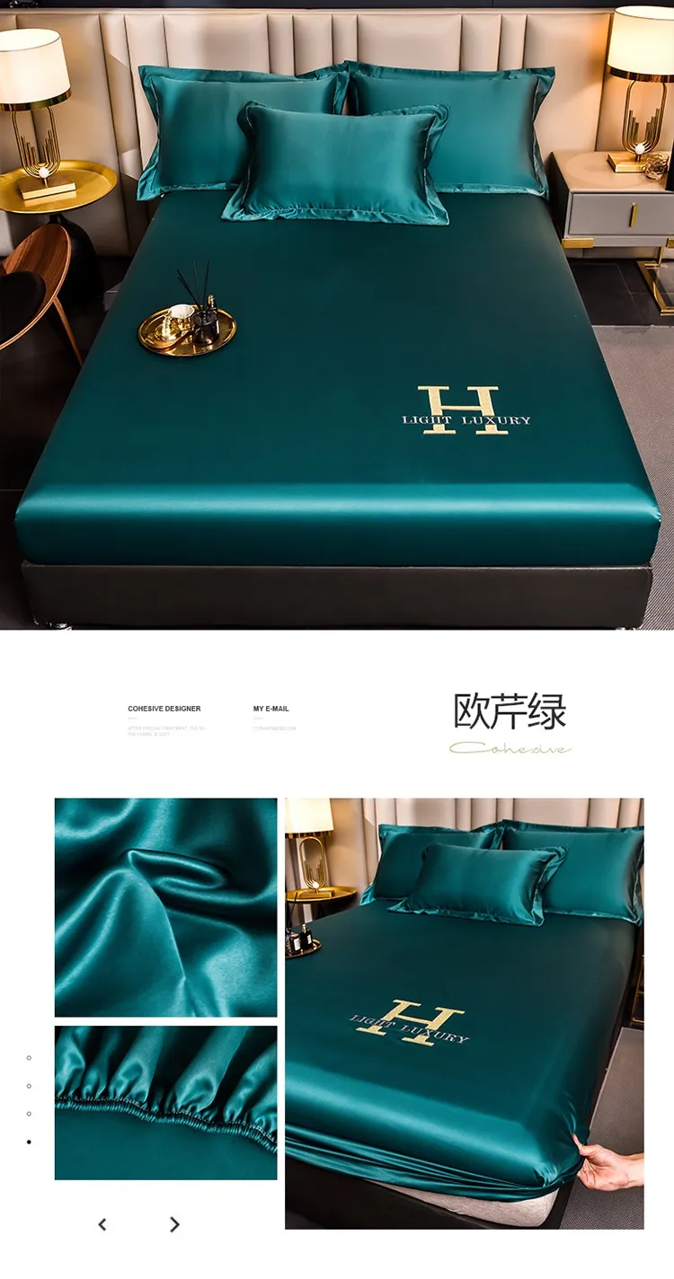Luxury Ice Silk Fabrics Elastic Fitted Sheet Summer Solid Bedding Mattress Protector Cover Queen King Size Bed Sheet Set 4 Sizes