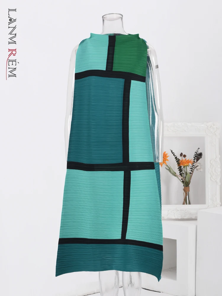 

LANMREM Casual Loose Pleated Sleeveless Dress Women Round Neck Contrast Color A-line Dresses Fashion 2024 New Clothing YJa237