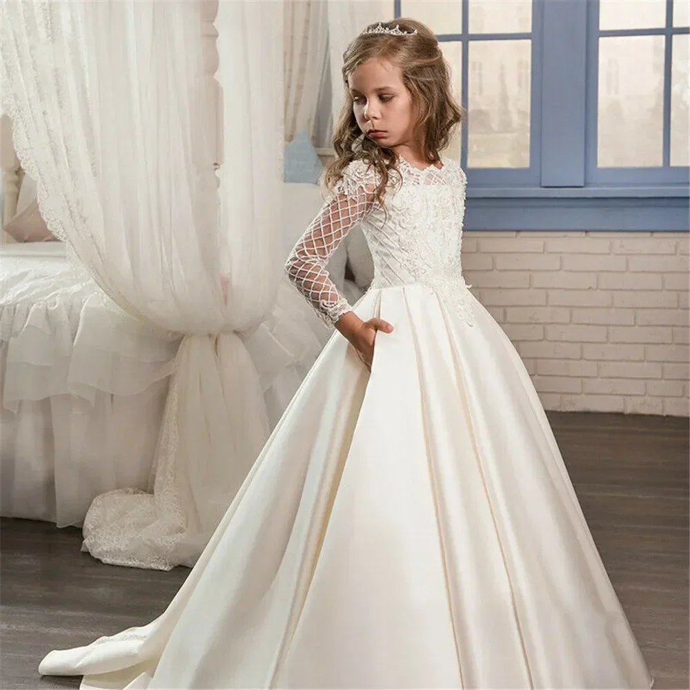 

Luxury Satin Long Sleeve Flower Girl Dresses for Wedding Formal Child Pageant Princess Kids Holy Communion Gown with Train