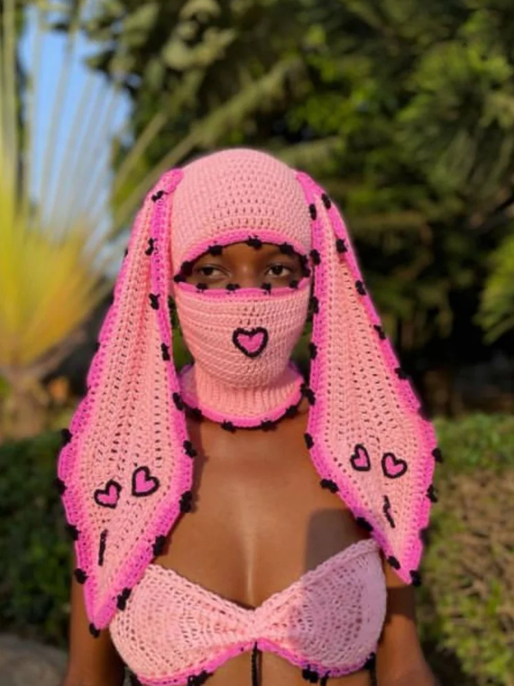 Halloween Girls Cute Cartoon Animal Ears Flowers Cap Knitting Bunny Ear Windproof Mask Winter Warm Snowboard Hat 6