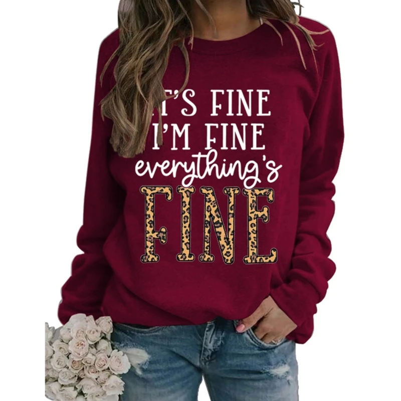 

Women Long Sleeve Pullover Top Leopard Everything Fine Cute Crewneck Sweatshirts MXMA