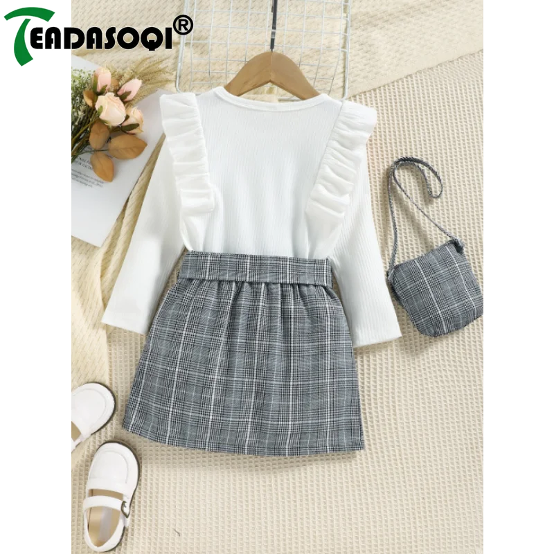 4-7Y bambini ragazze abbigliamento vestito tinta unita manica lunga volant top + gonna scozzese con cintura + borsa bambini ragazza Costume 3 pezzi Set - immagine 2