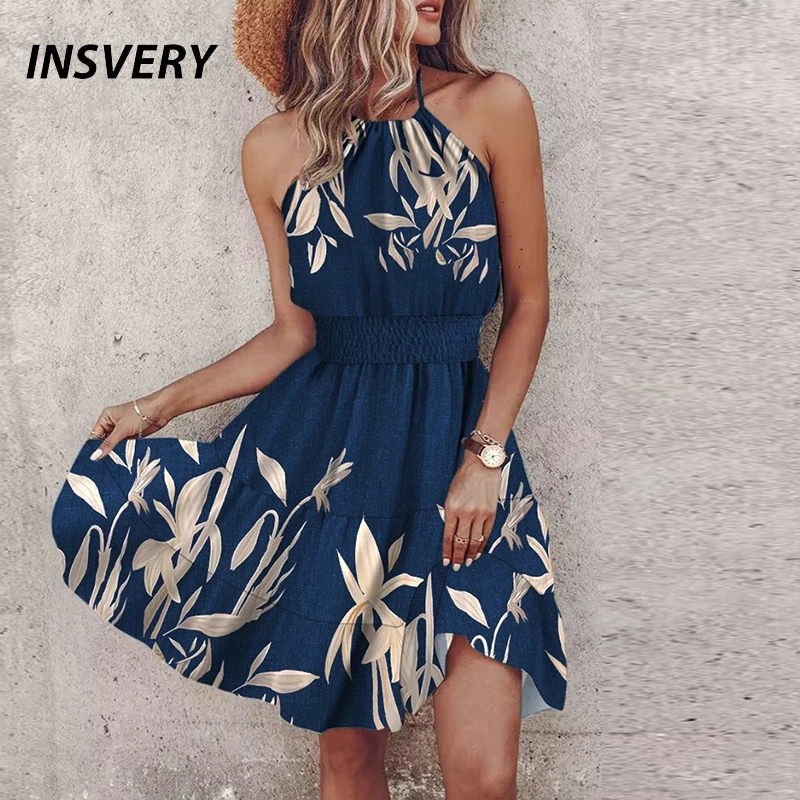 Summer Floral Print Mini Dress Women Sexy Halter Dresses For Women