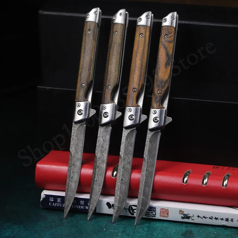 

M390 Steel Damascus pattern High hardness Knife Camping knife Carry knife leather cover color wood handle for home use