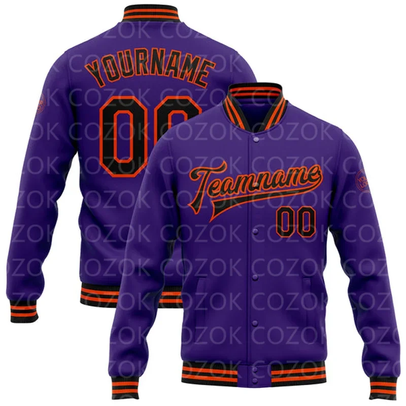 Custom Dark Purple Colour 3D Printed Baseball Button Jacket Bomber Full-Snap Varsity Letterman Jacket