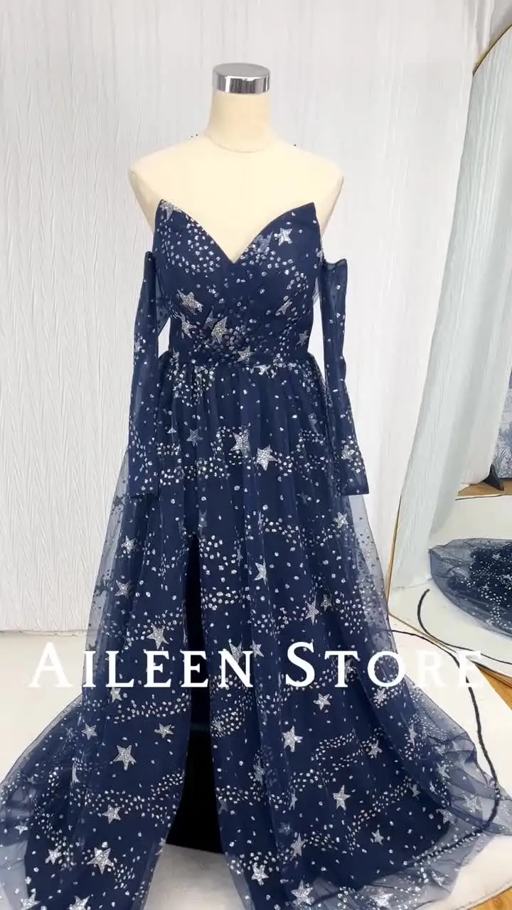 midnight blue dress with stars Long Beaded V-Neck Prom Dress with Stars main image 0