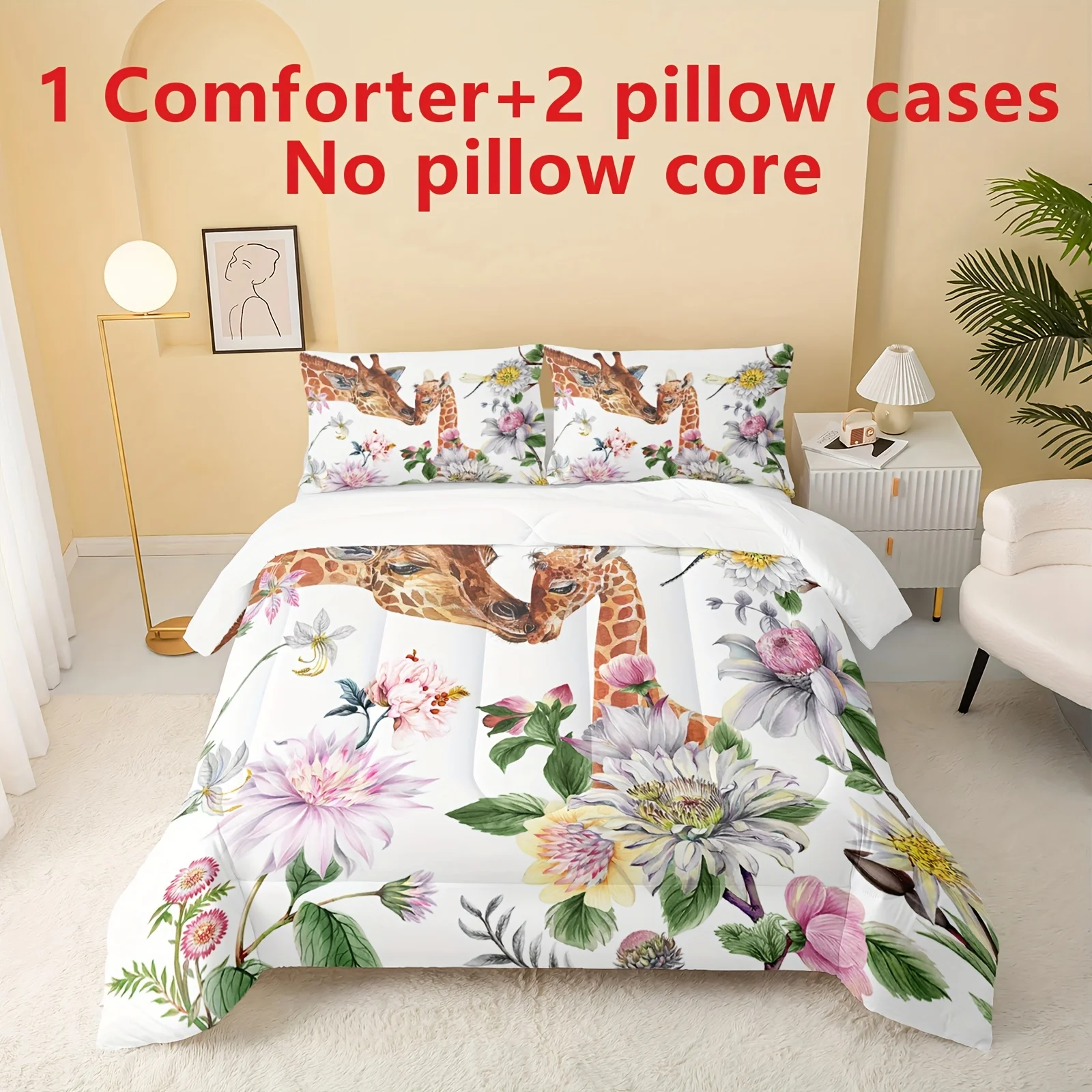 

3pcs Giraffe Comforter Set (1*Comforter + 2*Pillowcase, Without Core), Floral Giraffe Print All Season Bedding Set, Soft Comfort