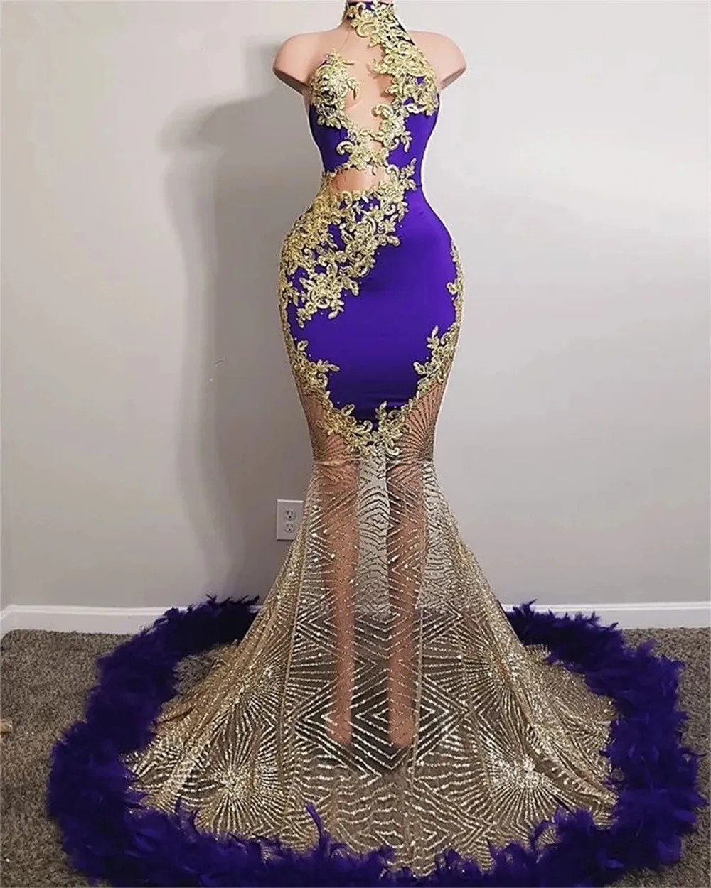 Purple South African Prom Dresses Mermaid Halter Sequins Feather Black