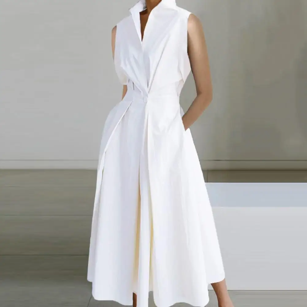 

Waist-cinching Long Dress Elegant Sleeveless Midi Dress with Lapel Button Detail High Waist A-line Silhouette for Women's