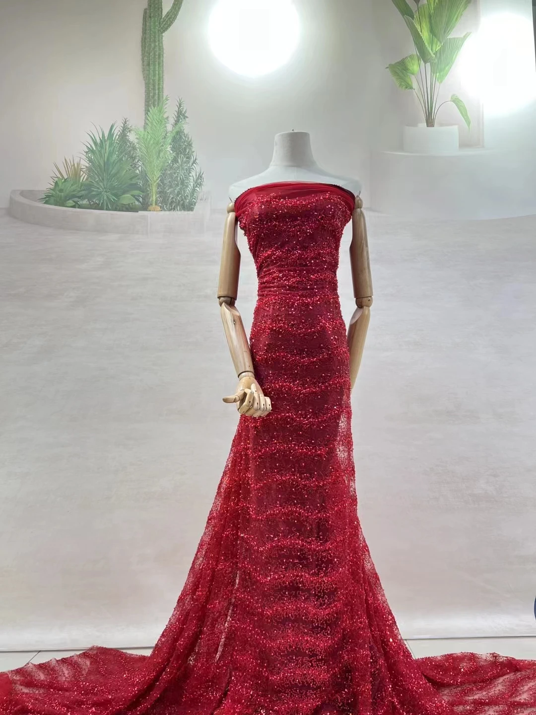 

2023 red Latest Big Sequins Lace Fabric Nigerian tube beads Net Lace Fabric French African Lace Fabric Party Wedding Lace ZX