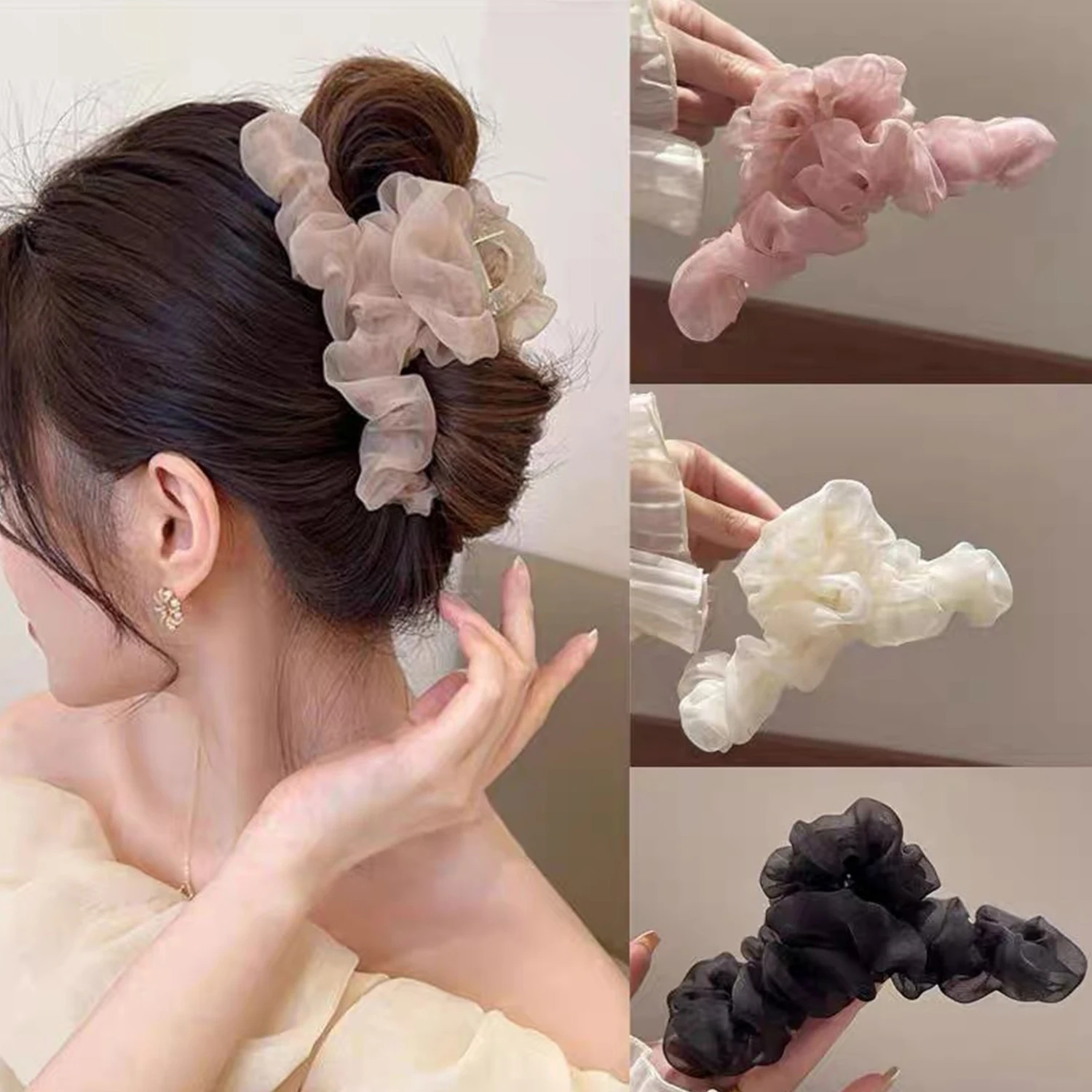 

Summer Winter Hair Claws Fold Mesh Crab Clamp Clips Female Ponytail Holder Big Hairpins Korean Hair Accessories For Women