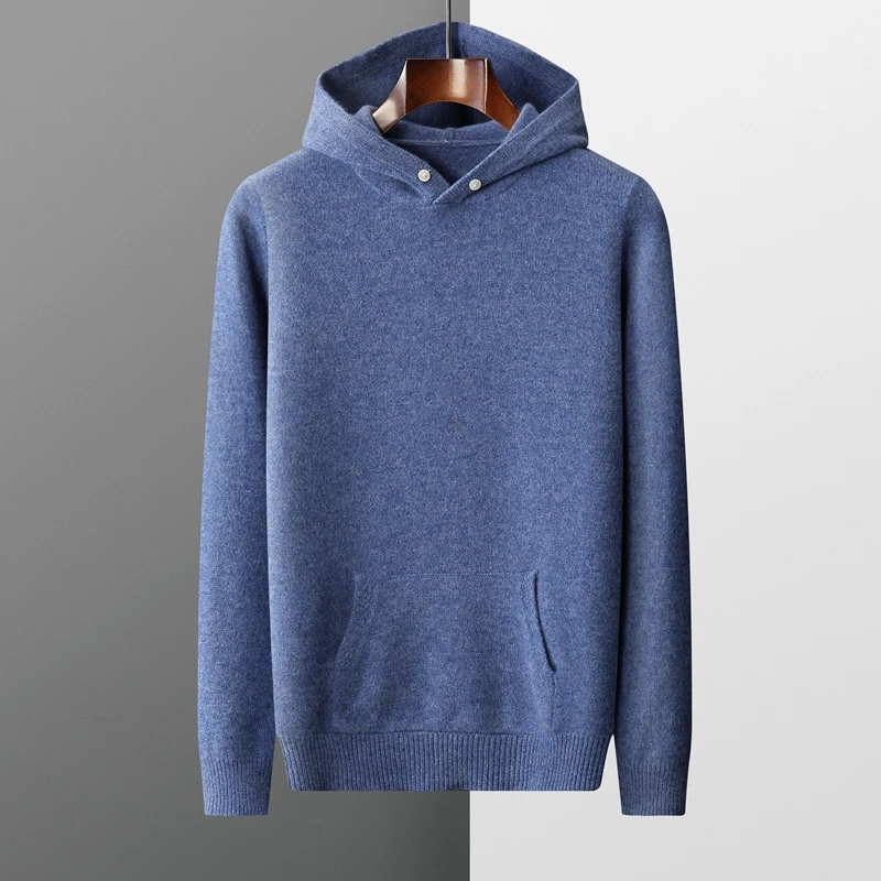 Men's 100% Merino Wool Sweater Men Hoodied Collar Pullover Loose Large Size Business Knitwear Casual Autumn Winter Cashmere Tops 3