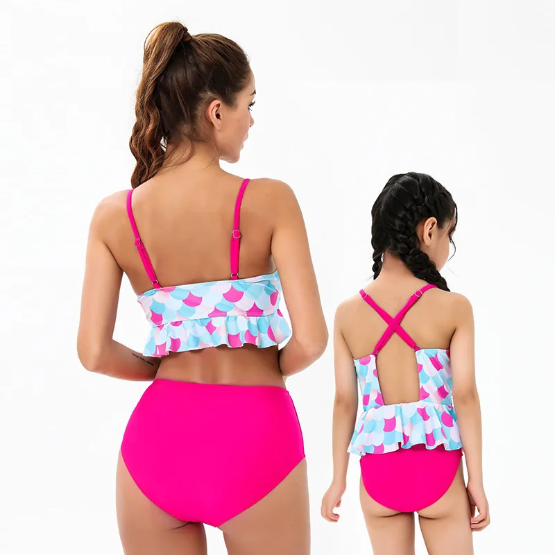 Sexy Ruffle   Cross Bandage  Bikini Set Women Swimsuit  Matching Parentage Swimwear Summer Suit Parents Children Swimming  Wear bathing suit sets