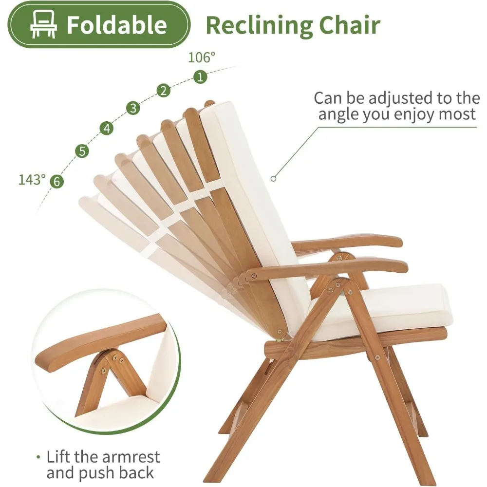 Folding Patio Dining Chair Set of 2, Outdoor Acacia Wooden Reclining Chair w/Armrest & Removeable Cushion, FSC Certified Wood 4