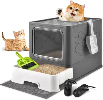 Cat Box with Litter Mat and Scoop, Large Foldable Litter Box with Lids, Free in& Out Covered Kitty Box 1