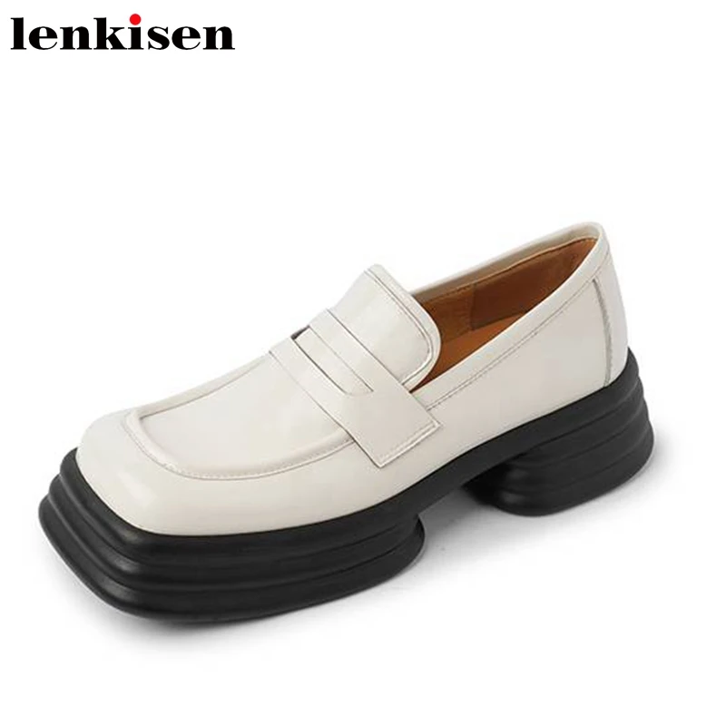 

Lenkisen New Full Grain Leather Square Toe Med Heels Summer Shoes Simple Style Slip On British School Simple Style Women Pumps