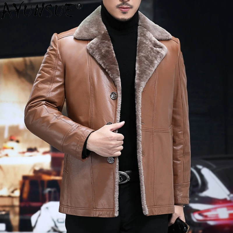 

AYUNSUE Real Leather Jacket Men Winter Cowhide Pure Lamb Wool Liner Leather Coat Male Fashion Warm Clothes Men De Cuero Genuino
