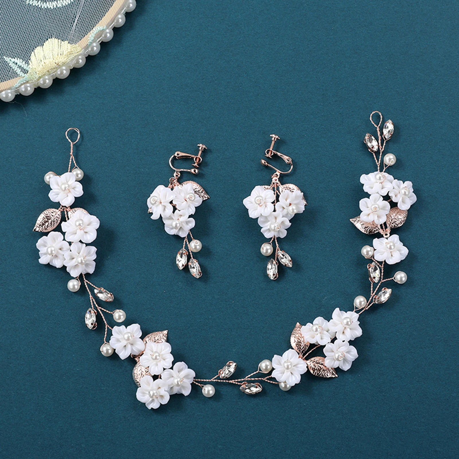 

Свадебные комплекты украшений для волос для невесты, обручи с белыми цветами, висячие серьги, обручи для волос с искусственным жемчугом для женщин и девушек, аксессуары для дня рождения