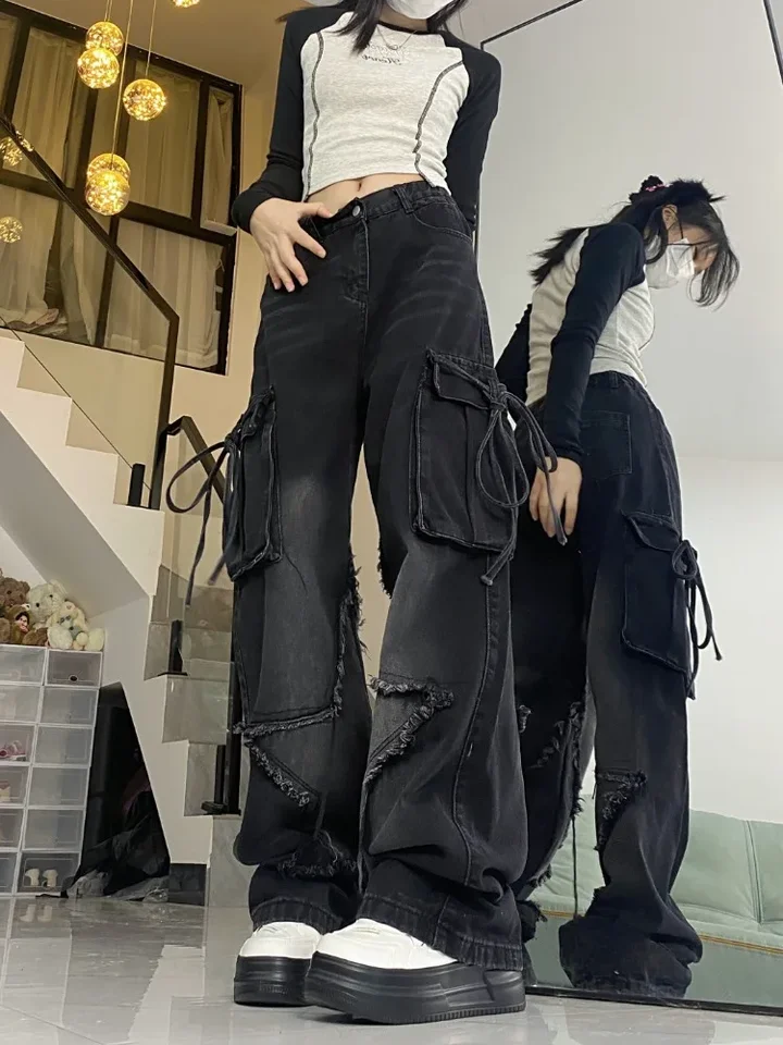パンツ 2000's archive black buggy cargo denim HOUZHOU Vintage Y2k Women Black Baggy Cargo Jeans with Star Gothic