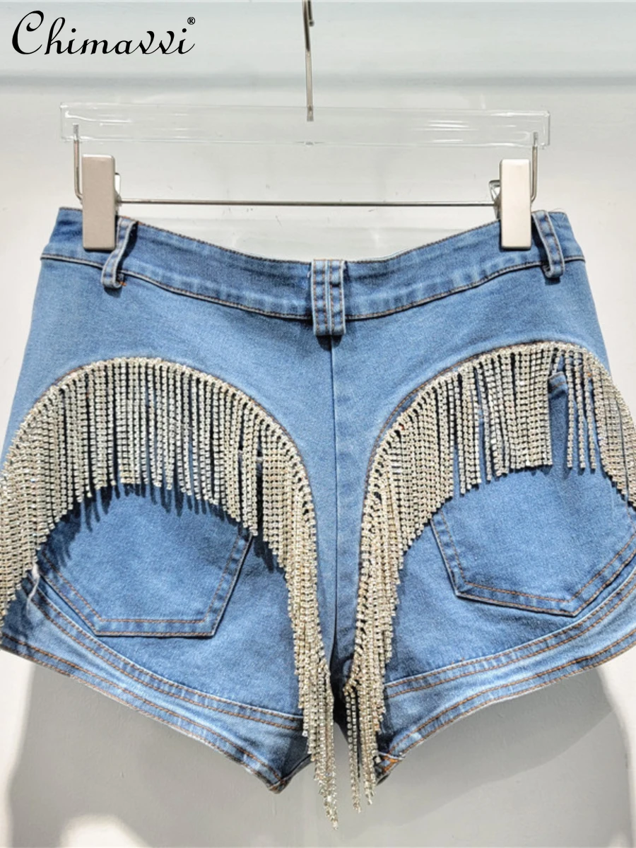 Heavy Industry Bright Crystal Tassel Stitching High Waist Denim Shorts Women 2024 Summer New Streetwear Stretch Tight Hot Pants