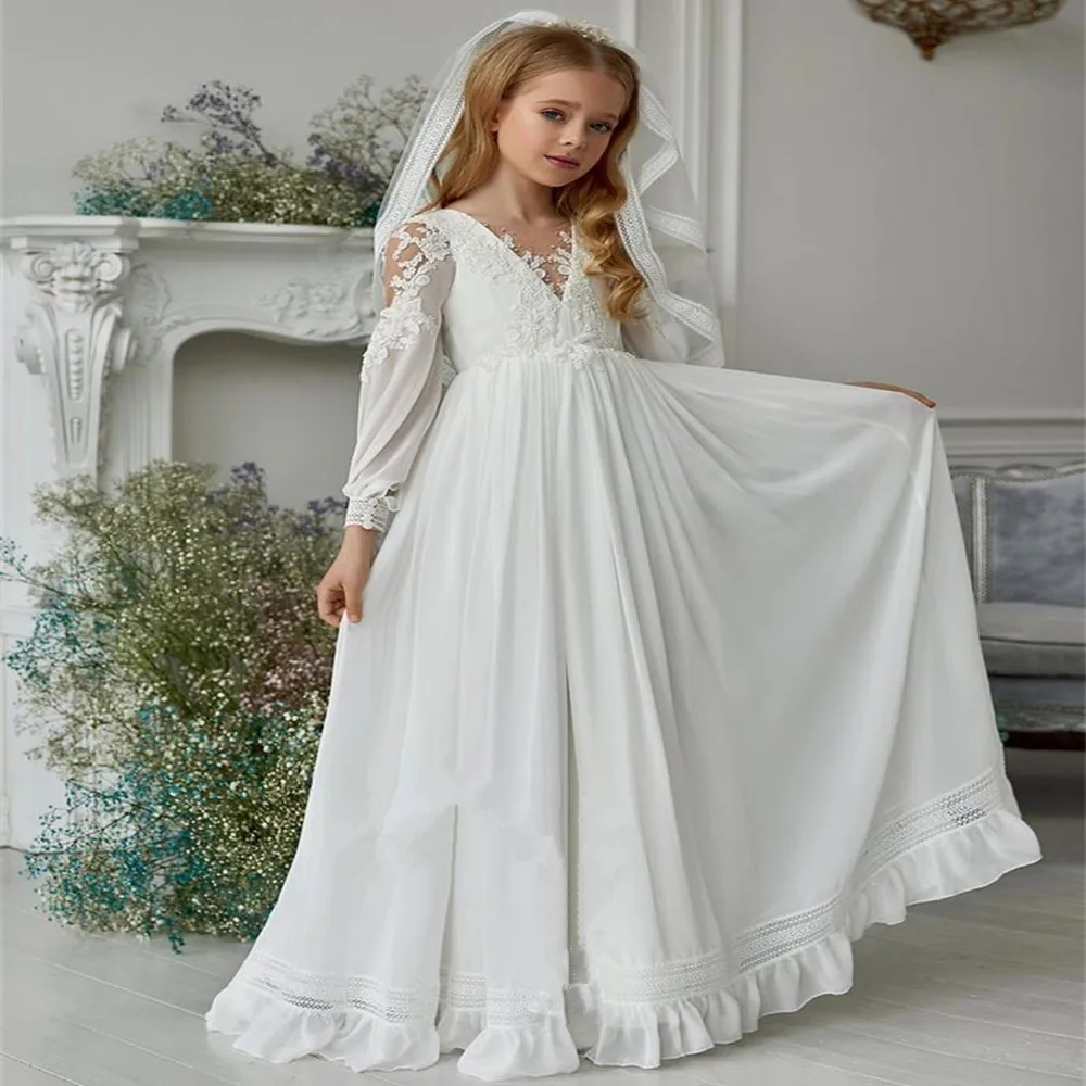 

Flower Girl Dresses Long Sleeve Chiffon Beaded Lace Little Kids Birthday Party Present Dresses First Communion No Veil