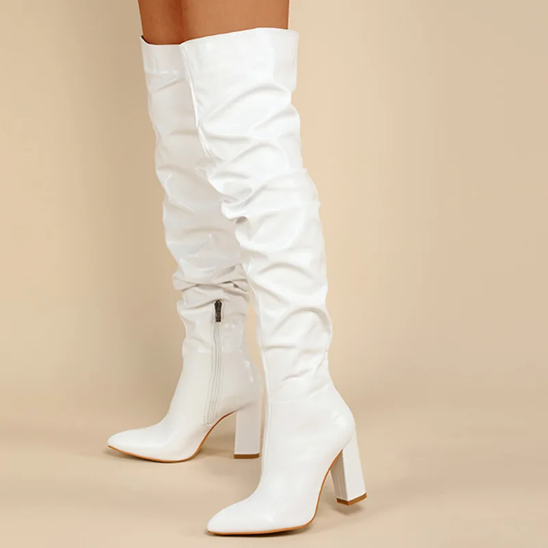 

Winter Women Over The Knee Boots Square High Heels Zipper Shoes Pleated Pointed Toe Ladies Runway Long Booties