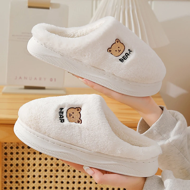 Cartoon Embroidery Fluffy Fuzzy Slippers Women Autumn Winter Thick Sole Warm Plush Slides Woman Comfy Non Slip Cotton Slippers