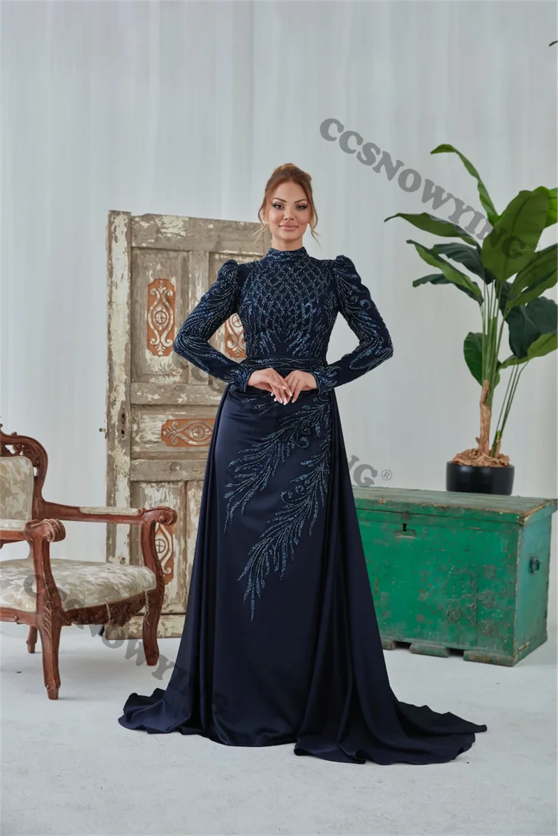 

Full Sleeve Muslim Evening Dress Stain Applinques Beaded High Neck Prom Formal Party Gown Arabic Dubai Women Moroccan Caftan