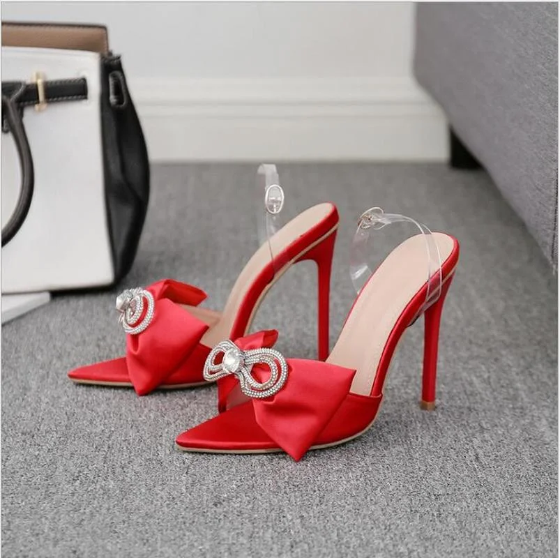 

2023 Silk Butterfly-knot Women slippers Mule high heels Slippers Sandals flip flops Pointed toe Strappy Slides Party shoes