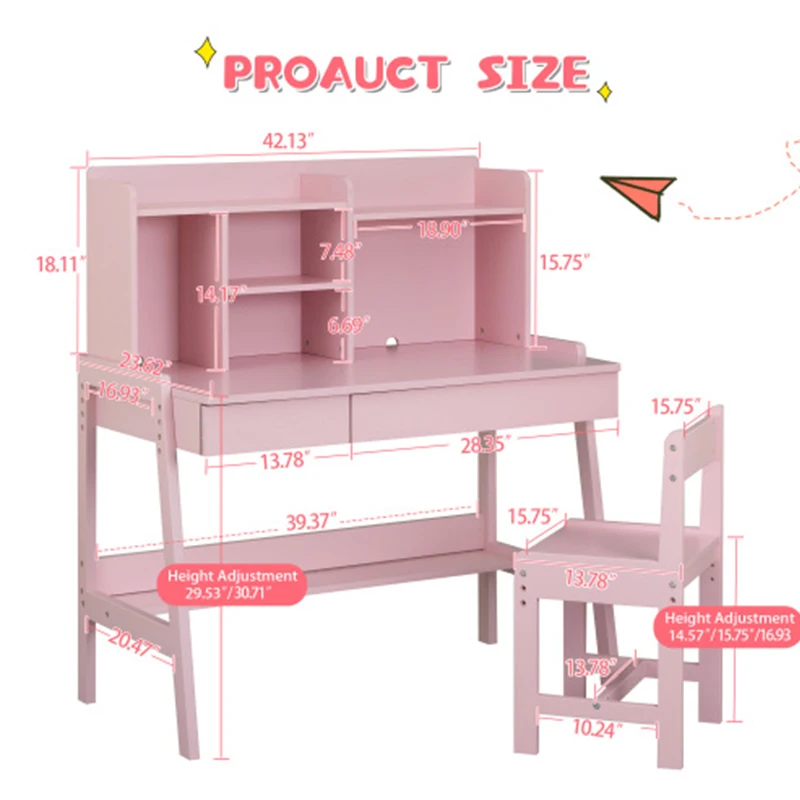 Modern classic desk, children's desk, solid wood desk, bedroom boy and girl family desk and chair set, Pink 3