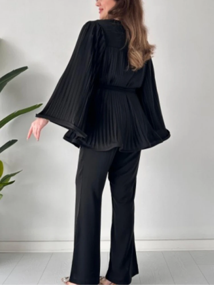 Loose Casual 2 Piece Set Long Sleeve Pleated Top Shirt and Straight Pants  African Women Two Piece Set Outfits Black