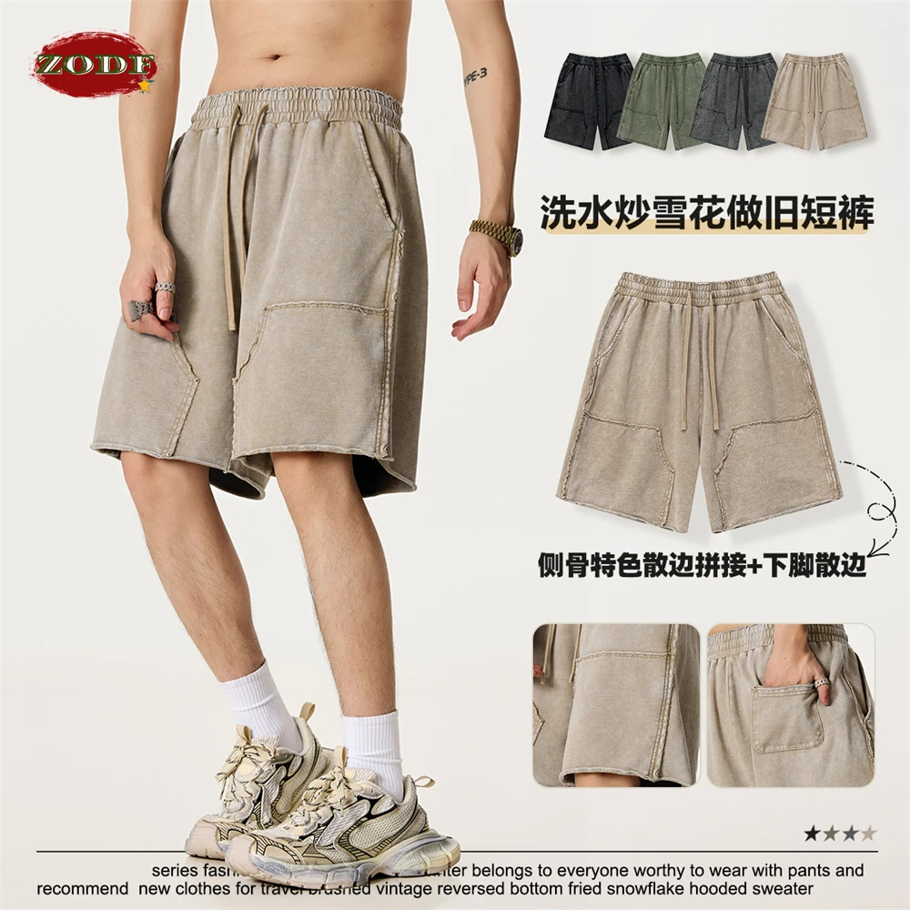ZODF Retro Men Summer Batik Washed 330gsm Cotton Shorts Unisex High Street Loose Fit Distressed Shorts HY1020 3
