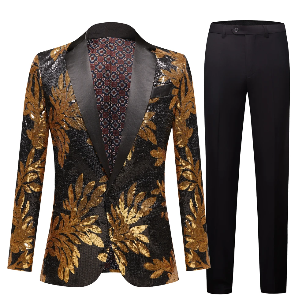 

Slim Fit terno masculino Shiny Sequins Gold Applique Suits Men Prom Tuxedos Grooms Set 2 Pieces(Blazer+Pants) Costume Homme