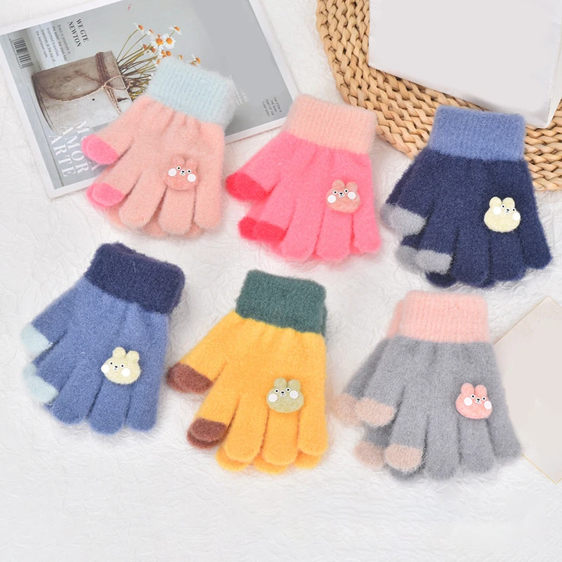 Autumn And Winter Baby Cute Rabbit Color Matching Five-finger Gloves Children's Cute Outdoor Warm Gloves Children's Mittens