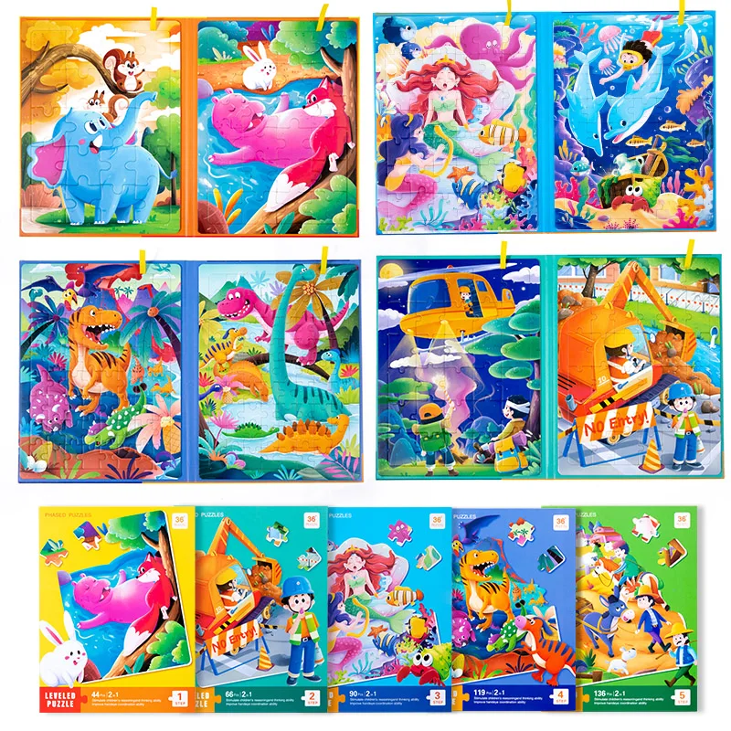 Montessori Puzzles Book Toddlers Preschool Learning Activity Wooden Jigsaw Dinosaur Animal Farm Scene  For Baby Kids 6