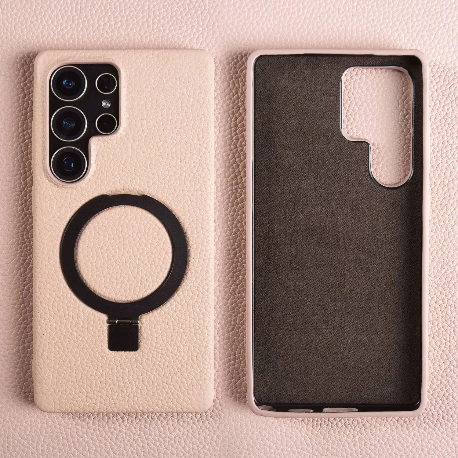 Genuine Leather Magnetic Ring Stand Phone Case with Back Cover